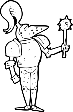 Bir insan tarafından çizilmiş siyah beyaz karikatür ortaçağ şövalyesi