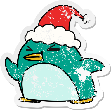 Bir insan tarafından çizilmiş kawaii pengueninin sıkıntılı yılbaşı çıkartması.