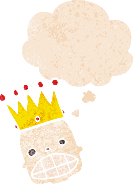 Düşünce baloncuğu ve grunge ile taçlandırılmış karikatür ürkütücü kafatası insan tarafından çizilmiş eski moda.