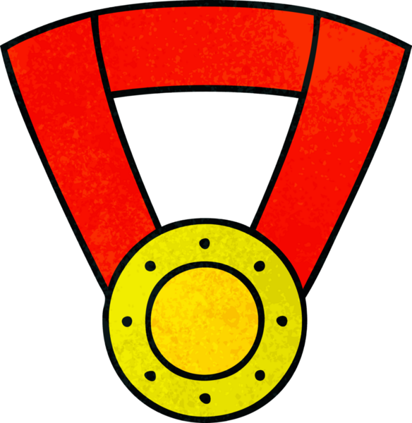 Bir insan tarafından çizilmiş altın madalyanın retro grunge desenli karikatürü