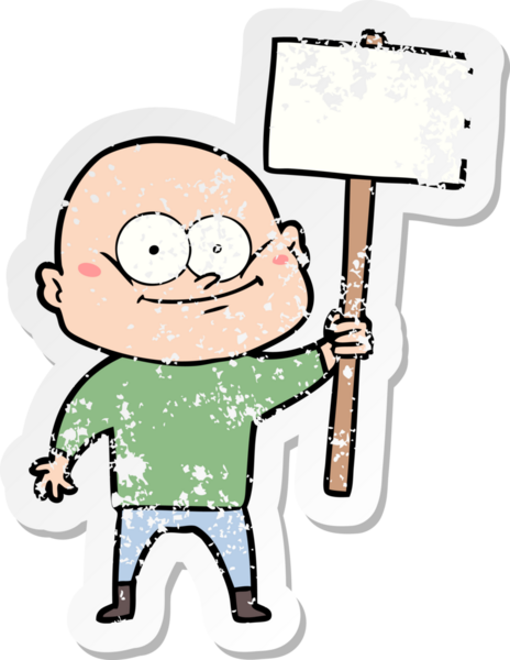 Bir insan tarafından çizilmiş tabelayla bakan kel bir adamın sıkıntılı çıkartması.