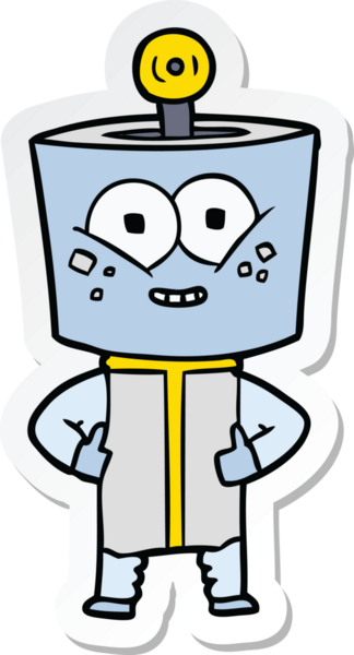 Bir insan tarafından çizilmiş mutlu çizgi film robotunun çıkartması.