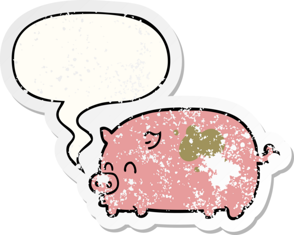 Konuşma baloncuğu olan sevimli çizgi film domuzu bir insan tarafından çizilmiş sıkıntılı, yaşlı bir çıkartma.