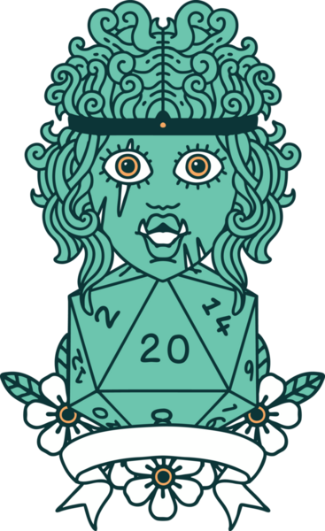 Retro Dövme Biçimi Yarı Ork Barbar Karakteri Bir insan tarafından çizilmiş doğal 20 zar