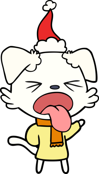 Bir insanın çizdiği Noel Baba şapkası takan ve eşarp takan bir köpeğin el çizimi.