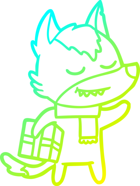 Bir insan tarafından çizilmiş Noel hediyesini taşıyan dost canlısı bir kurdun soğuk gradyan çizimi