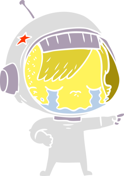 Düz renkli çizgi film ağlayan astronot kız bir insan tarafından çizilmiş.