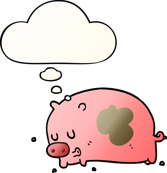 Düşünce baloncuğu olan sevimli çizgi film domuzu bir insan tarafından çizilmiş.