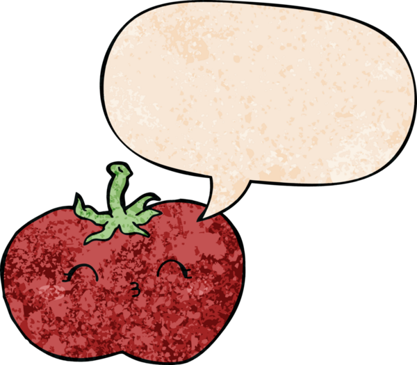 bir insan tarafından çizilmiş eski dokuma tarzında konuşma baloncuklu domates.