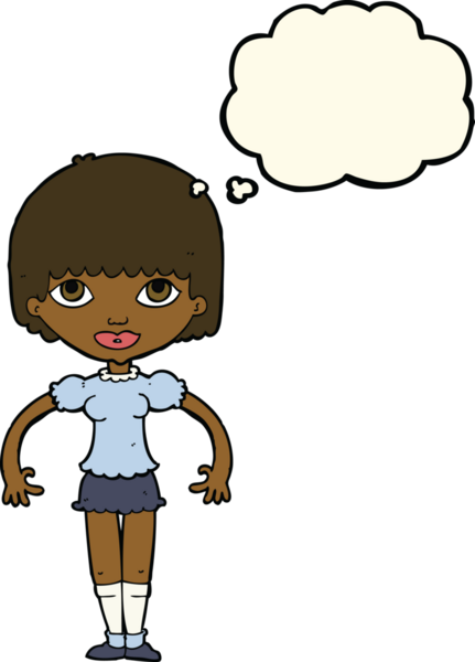 Bir insan tarafından çizilmiş düşünce kabarcığı olan çizgi film kızı.