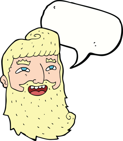 Bir insan tarafından çizilmiş konuşma balonuyla gülen sakallı bir çizgi film adamı.