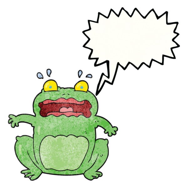 Serbest konuşma baloncuğu desenli komik, korkmuş bir kurbağa insan tarafından çizilmiş.