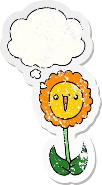 Düşünce baloncuğu olan karikatür çiçeği insan tarafından çizilmiş yıpranmış bir çıkartma gibi.