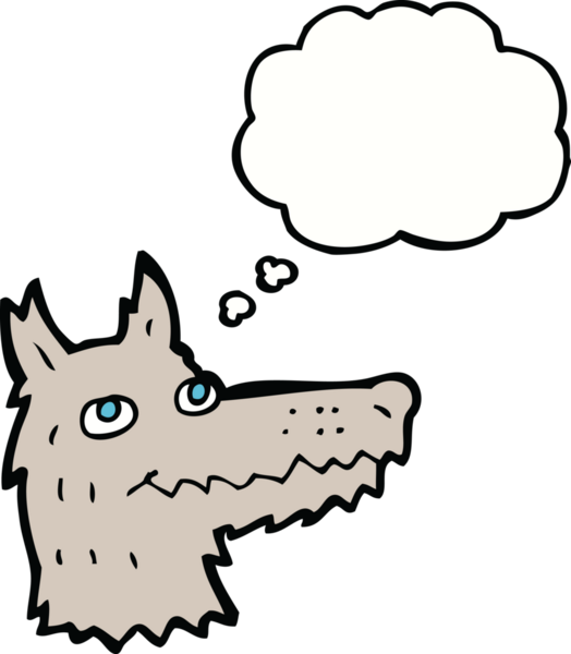 Bir insan tarafından çizilmiş düşünce balonlu bir kurt kafası.