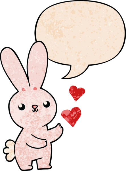 Sevgi dolu karikatür tavşanı. Konuşma baloncuğu, eski moda bir insan tarafından çizilmiş.