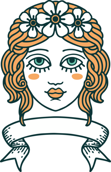 Geleneksel dövmeli kadın yüzü dövmesi ve bir insan tarafından çizilmiş çiçek tacı.