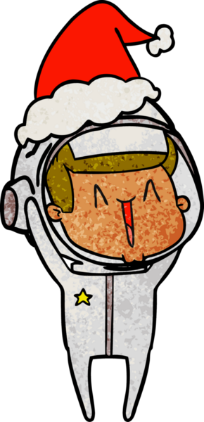 Bir insan tarafından çizilmiş Noel Baba şapkası giymiş bir astronotun çizilmiş mutlu el çizimi karikatürü