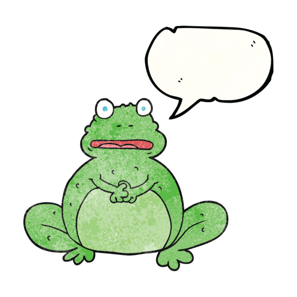 Bir insan tarafından çizilmiş serbest konuşma balonu desenli karikatür kurbağası.