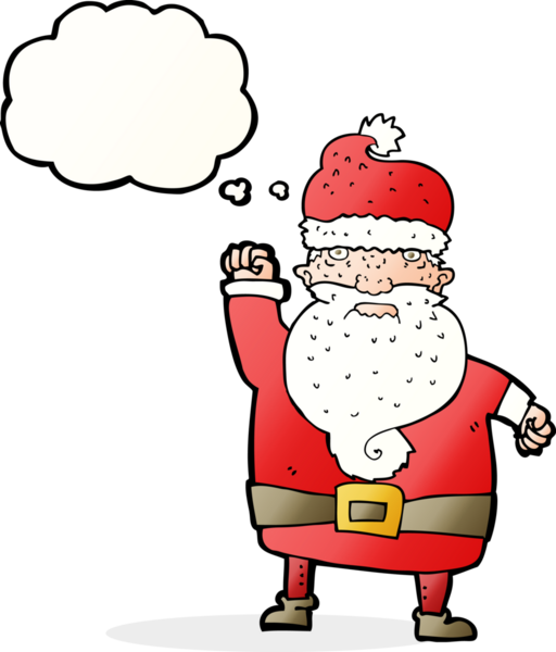 Bir insan tarafından çizilmiş düşünce baloncuklu kızgın Noel Baba çizgi filmi.