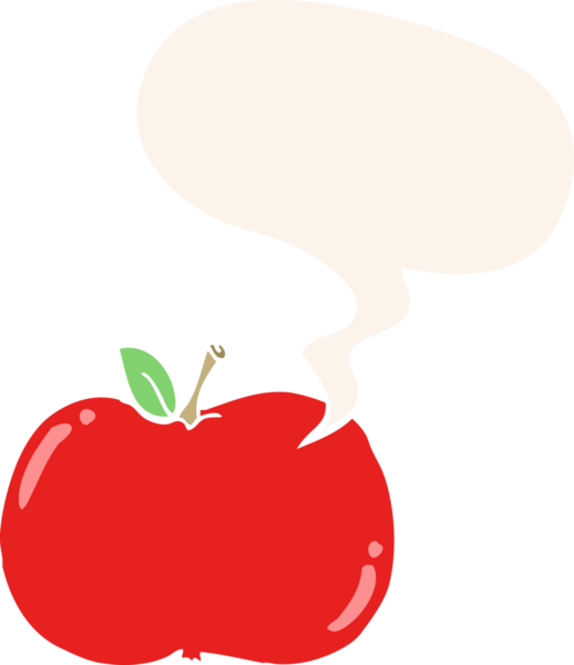 bir insan tarafından çizilmiş, konuşma baloncuklu çizgi film elması.