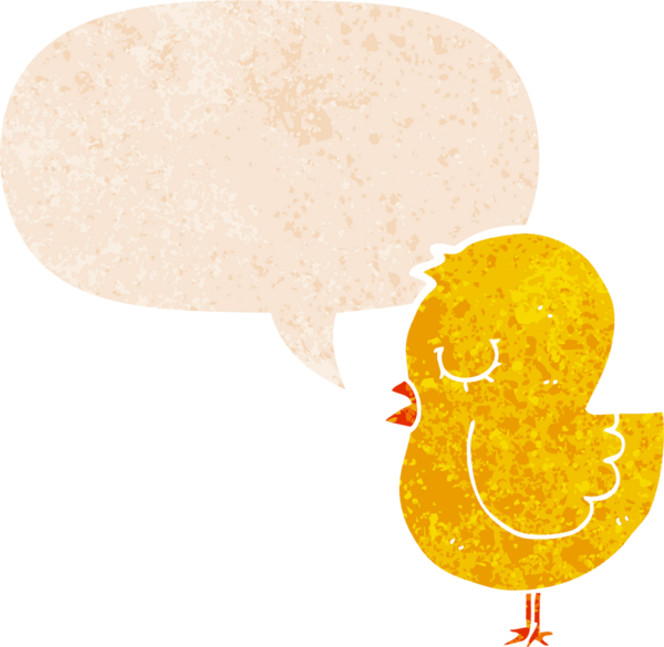 grunge 'da konuşma baloncuğu olan karikatür kuşu bir insan tarafından çizilmiş dertli retro tarzı