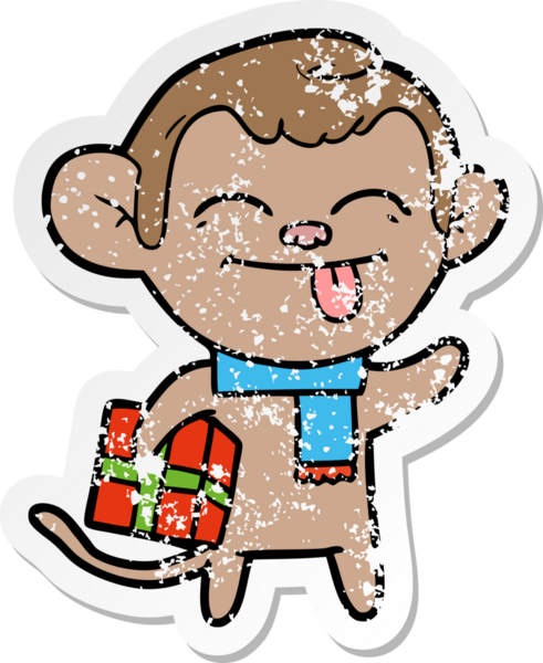 Bir insan tarafından çizilmiş Noel hediyeli komik bir maymunun sıkıntılı çıkartması.