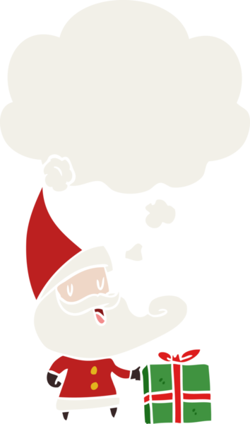 Düşünce baloncuğu olan karikatür noel baba insan tarafından çizilmiş.