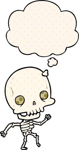 Çizgi roman tarzında bir insan tarafından çizilmiş düşünce baloncuklu bir iskelet.