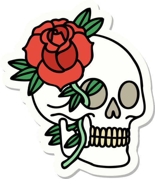 Geleneksel kafatası stili dövme çıkartması ve bir insan tarafından çizilmiş gül.