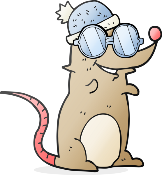 Bir insan tarafından çizilmiş gözlüklü ve şapkalı bir çizgi roman faresi.