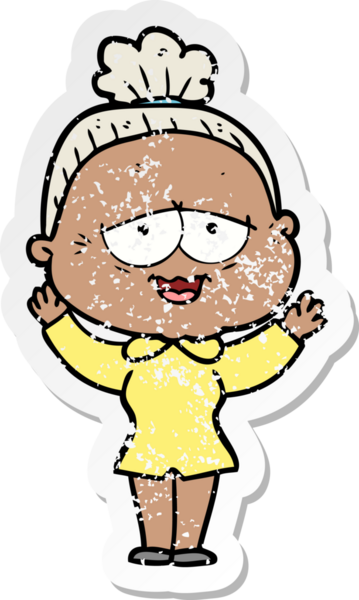 Bir insan tarafından çizilmiş mutlu, yaşlı bir kadının sıkıntılı çıkartması.