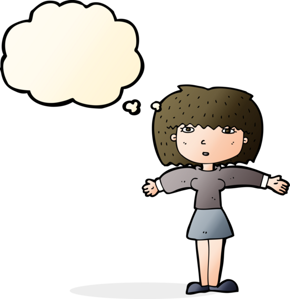 Bir insan tarafından çizilmiş düşünce baloncuğuyla omuz silken çizgi film kadını.