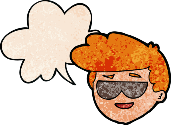 Çizgi filmci çocuk, güneş gözlüğü takıyor ve konuşma baloncuğu ile eski moda bir insan tarafından çizilmiş.