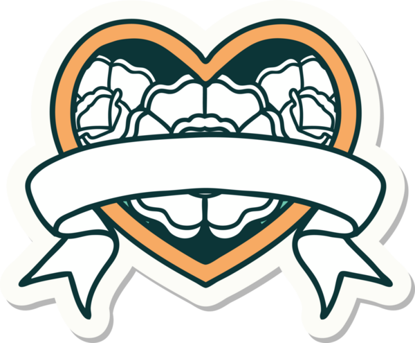 Geleneksel kalp stili dövme çıkartması ve bir insan tarafından çizilmiş çiçekli pankart.