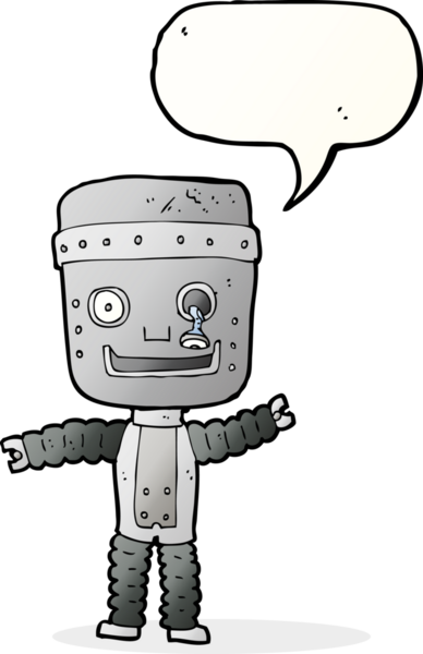 Bir insan tarafından çizilmiş konuşma balonlu komik robot.
