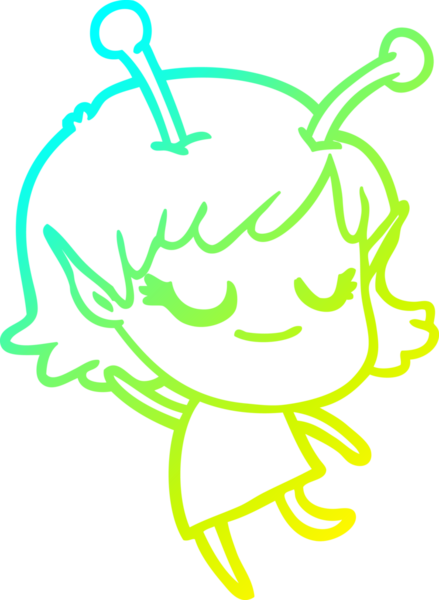 Bir insan tarafından çizilmiş gülümseyen uzaylı kız çizgi filmi.