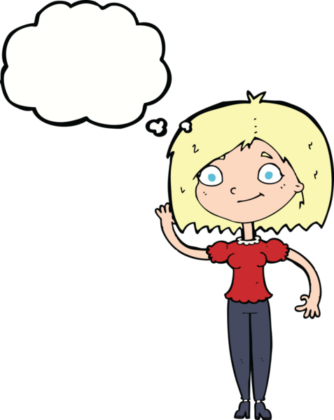 Bir insan tarafından çizilmiş düşünce baloncuğuyla el sallayan çizgi film kadını.