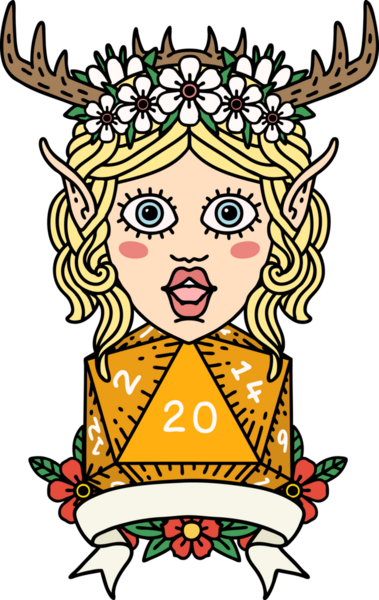 Retro Dövme Tarzı Elf Karakteri Bir insan tarafından çizilmiş doğal 20 zar ile