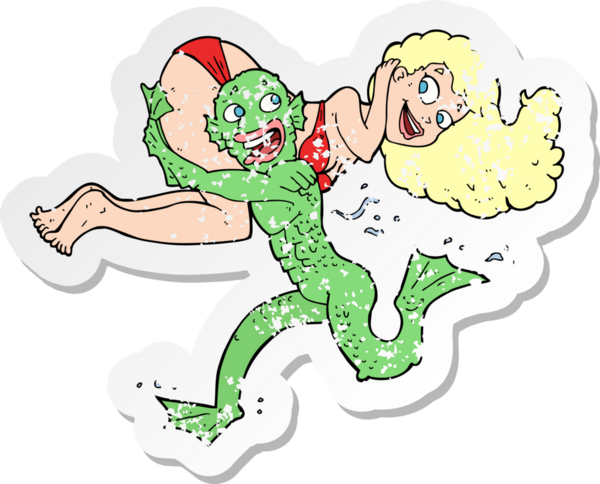 Bir insan tarafından çizilmiş bikinili kızı taşıyan bataklık canavarı karikatür desenli depresif çıkartması.