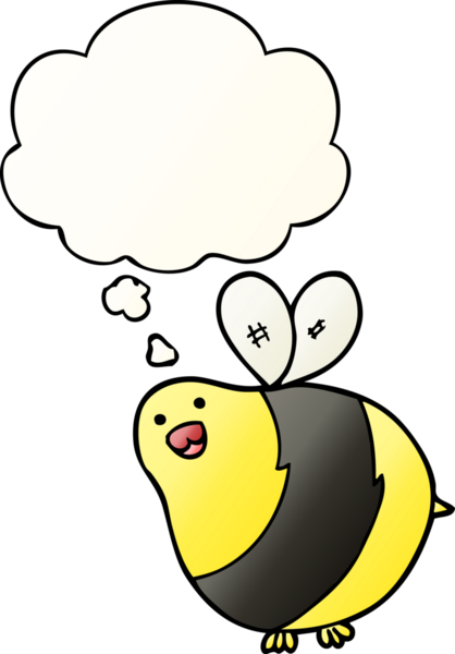 Bir insan tarafından çizilmiş yumuşak eğimli düşünce baloncuklu çizgi film arısı.