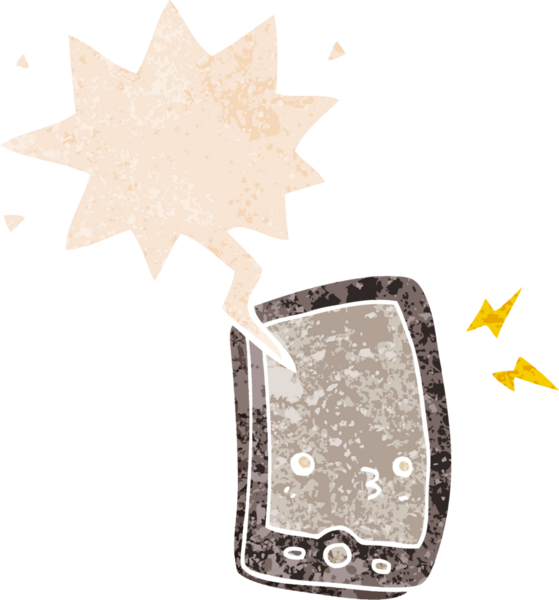 bir insan tarafından çizilmiş grunge ile konuşma balonu ile çizgi film cep telefonu sıkıntılı retro desen