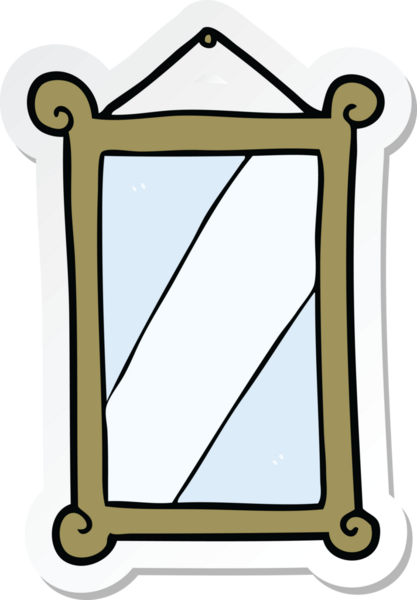 Bir insan tarafından çizilmiş bir karikatür aynasının etiketi.