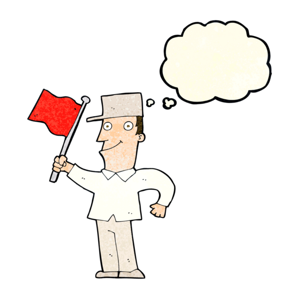Bir insan tarafından çizilmiş düşünce balonuyla bayrak sallayan çizgi film adamı.
