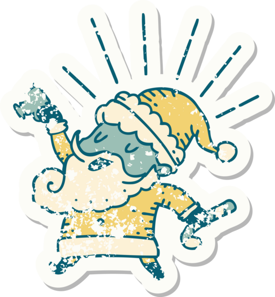 Dövme stili eski bir çıkartma. Noel Baba karakteri. Bir insan tarafından çizilmiş.