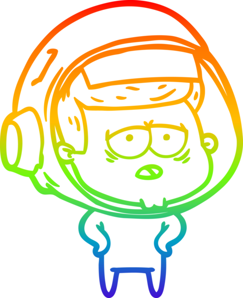 Gökkuşağı gradyan çizgi çizimi bir insan tarafından çizilmiş yorgun astronot