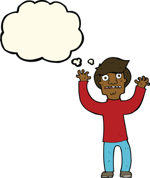 Bir insan tarafından çizilmiş düşünce baloncuğuyla dehşete düşmüş bir adam.