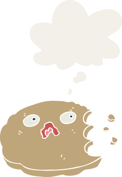insan tarafından çizilmiş, düşünce baloncuklu karikatür ısırılmış kurabiye.