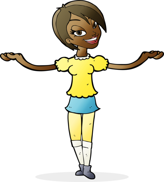 Çizgi filmdeki kadın bir insan tarafından çizilmiş açık kollu jest yapıyor.