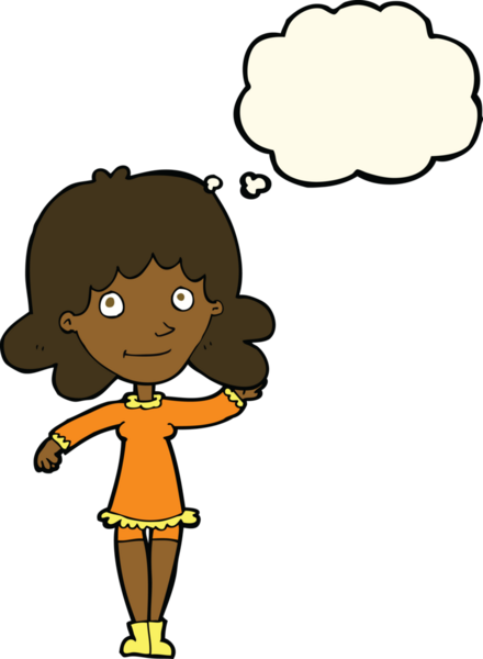 Karikatür dostu kadın bir insan tarafından çizilmiş düşünce balonuyla el sallıyor.