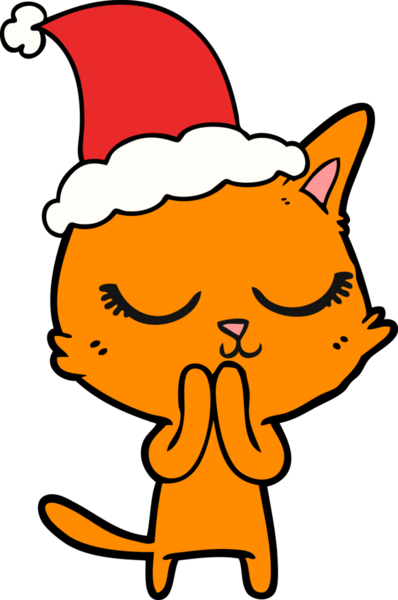 Sakin bir el çizimi çizimi. Noel Baba şapkası takan bir kedi. Bir insan tarafından çizilmiş.